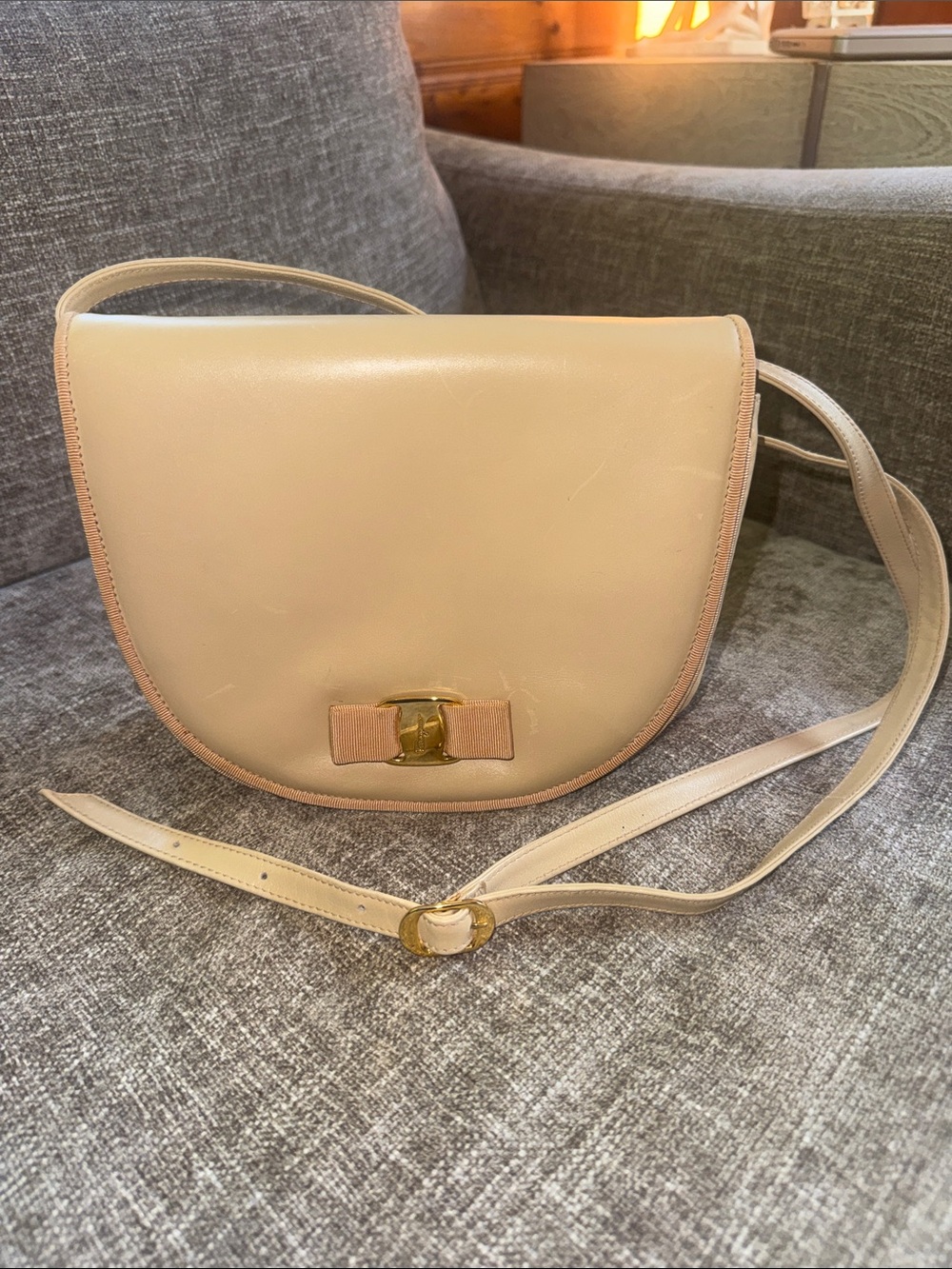 Salvatore Ferragamo Cream and Tan Leather Saddle Crossbody
